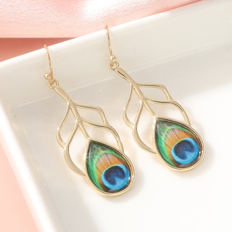 Peacock Feather Earrings with KC Golden Plated Resin Inlay
