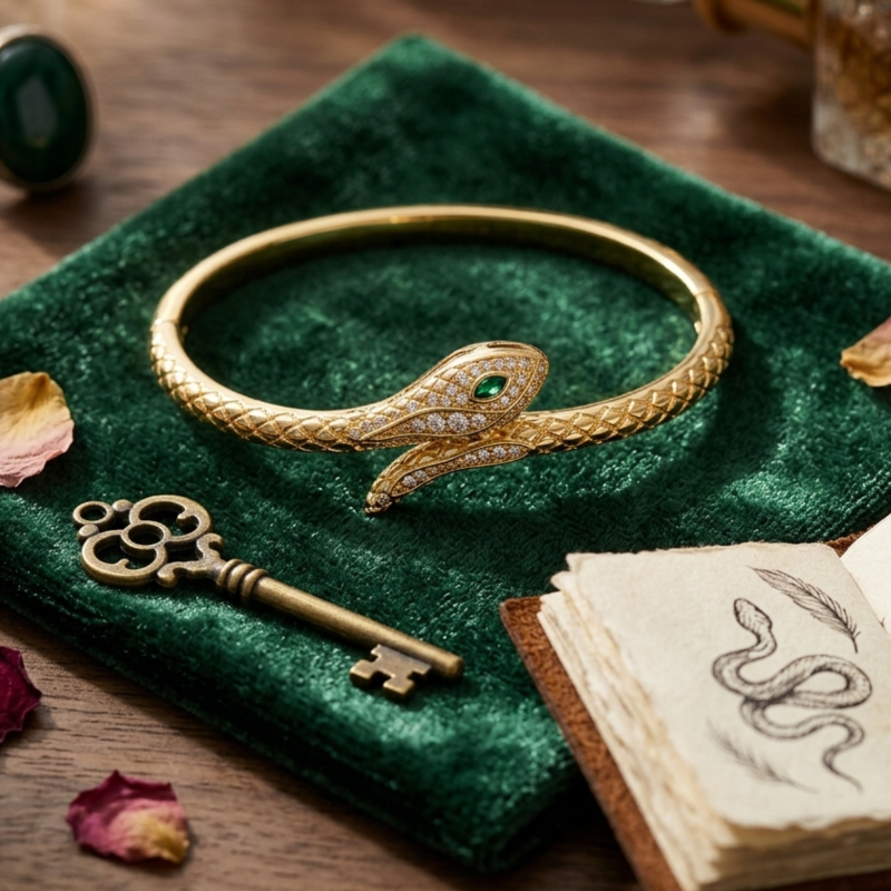 Women's Sparkling Copper Green Eyed Snake Bracelet