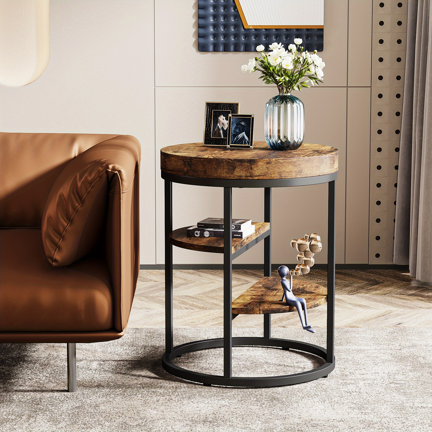 Round Coffee Table With 3-tier Storage - Space- Modern Lift-top Table Suitable For Small Spaces, Wood, Portable Bedside Table For Living Room, Bedroom, Dorm - , Gift For