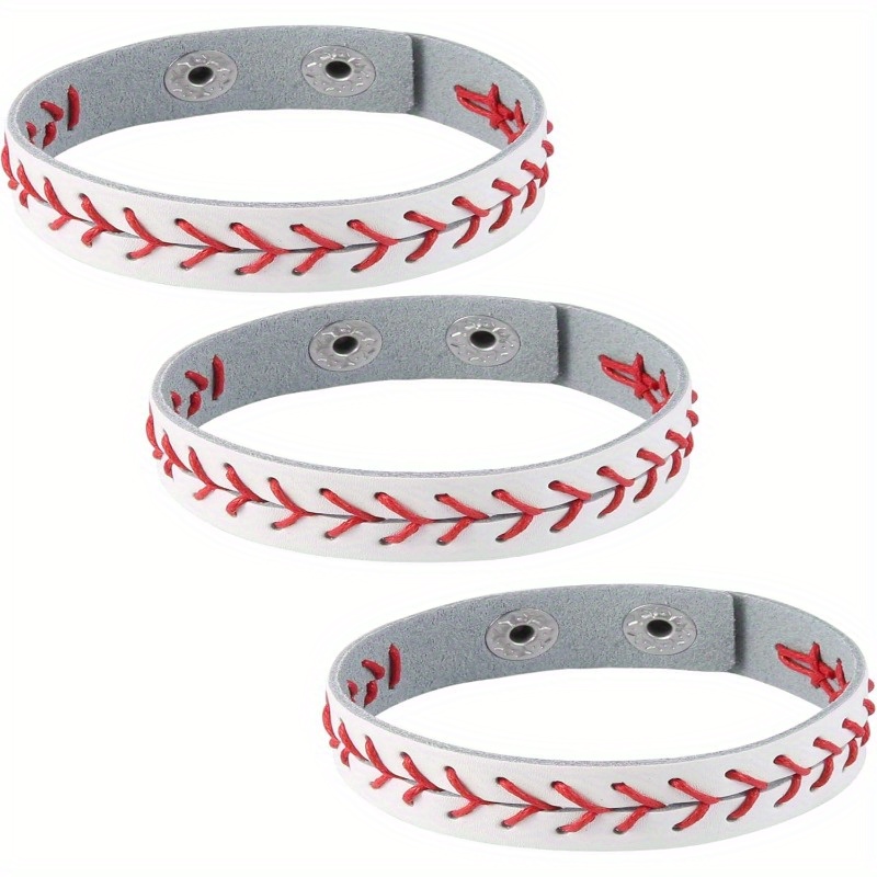 TEMU 3pcs Genuine Leather Baseball Bracelets By Athletes Bangle Cuff Wristband, White Black Yellow