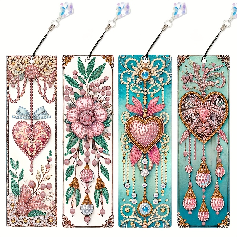 TEMU 4pcs Set Of Painting Bookmarks, Heart Flower Pattern, Gift With Diamond Pendant, Mother's Day Gift. Home Office School Supplies Sparkling
