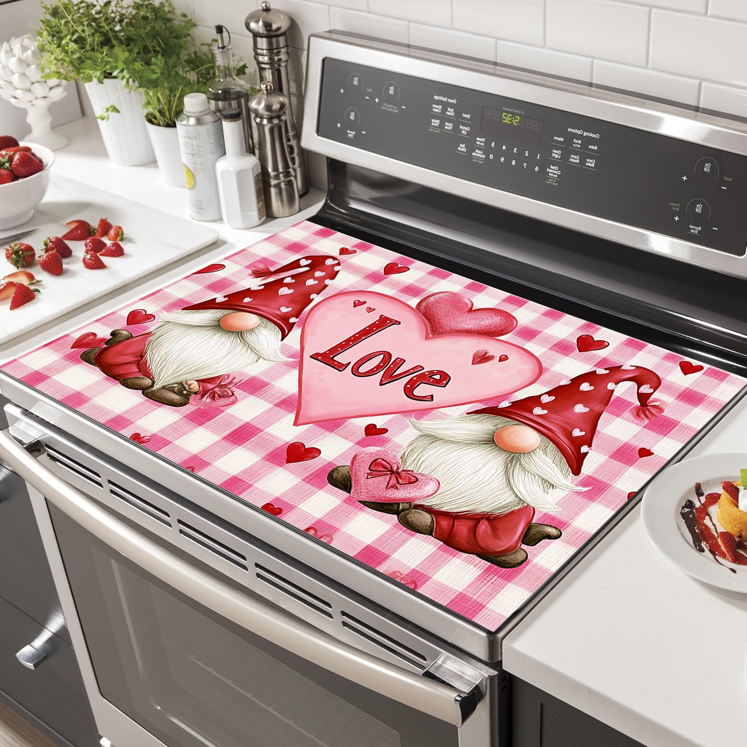 

1pc Love Heart Heat-resistant Cooktop Cover - & Clean, Protector With Checkered Background For Modern Kitchens