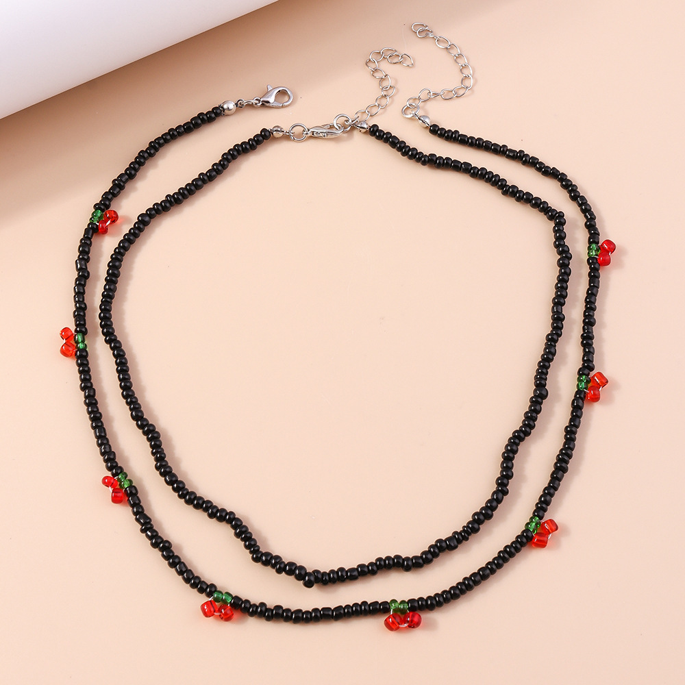 2pcs Women's Cherry Fruit Bead Necklace Set Bohemian Gothic Style