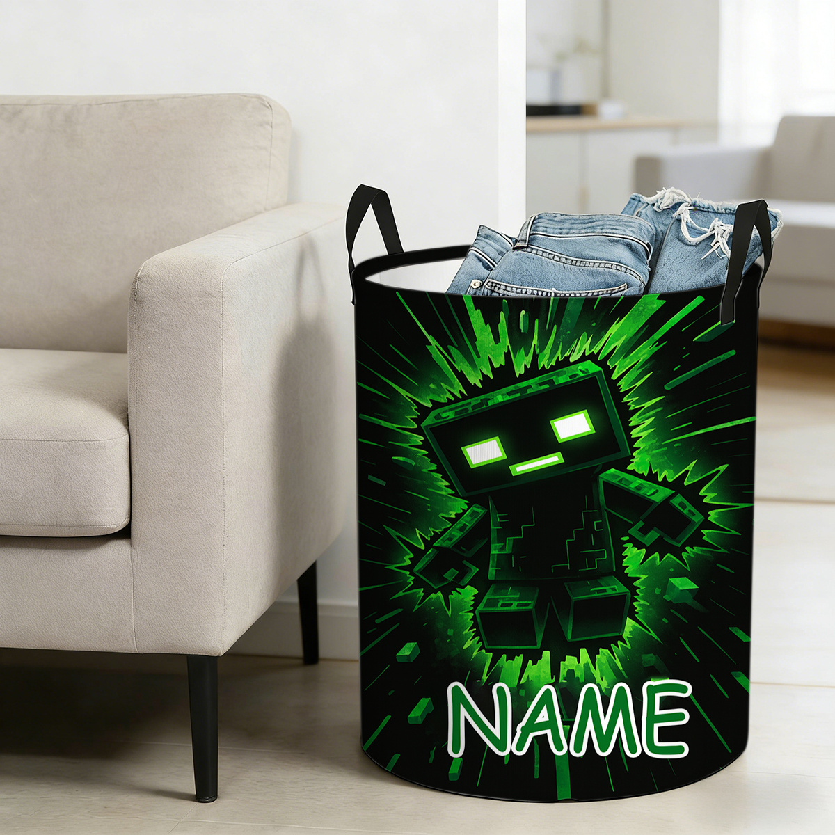 TEMU Personalized Name Custom Creeper Pixel Art Print Laundry Hamper, Household Foldable Laundry Basket With Handles, Laundry Baskets