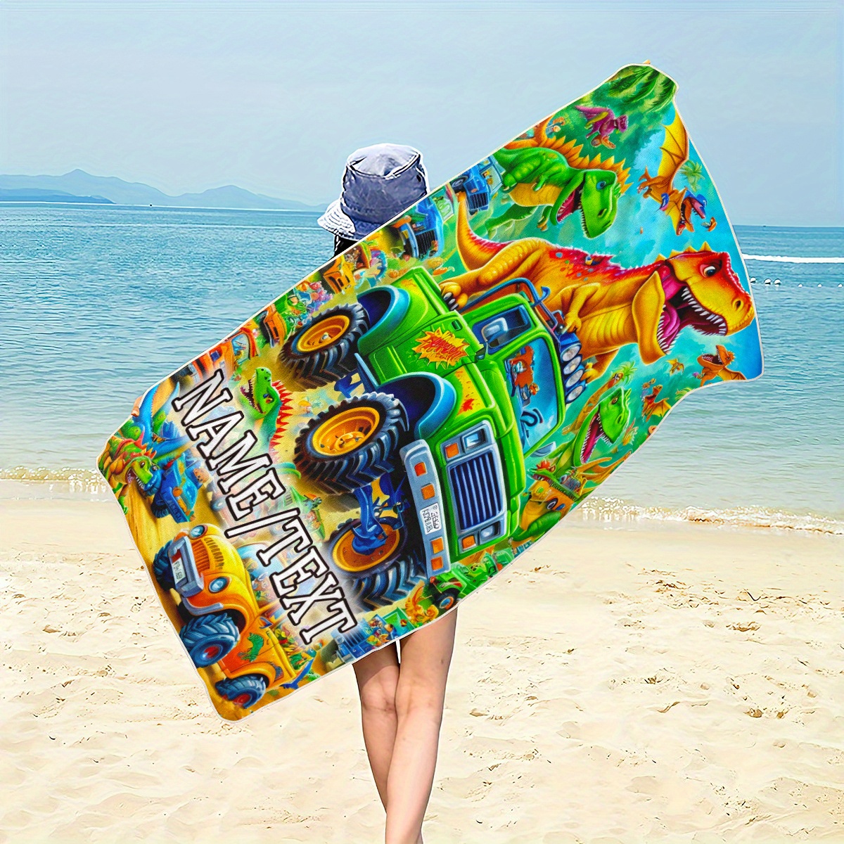 TEMU Custom 1pc Personalized Name/text, Dinosaurs Driving Truck Beach Towel - Soft, Absorbent, Lightweight & Quick-drying, Ideal For Beach, Pool,