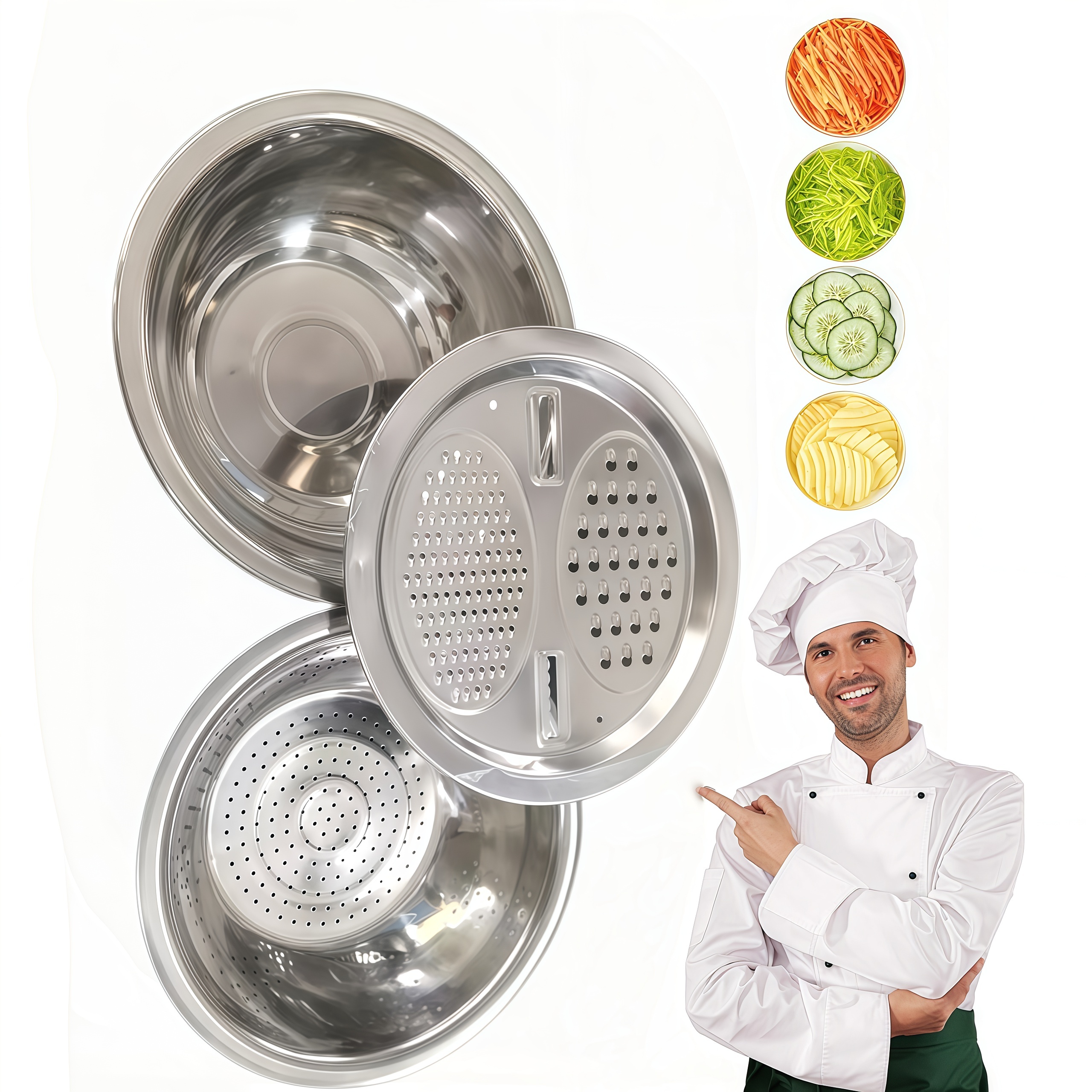 TEMU New Arrival: Multi-functional Durable Food-grade Stainless Steel Bowl - Slicing, Draining, And Chopping Bowl With Strainer And Colander Basket,