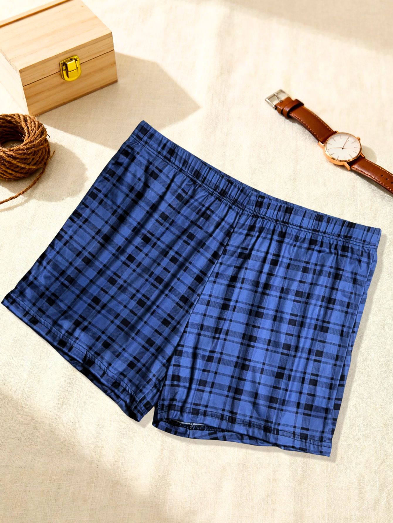 4pcs Random Men's Plaid Pattern Lounge Shorts