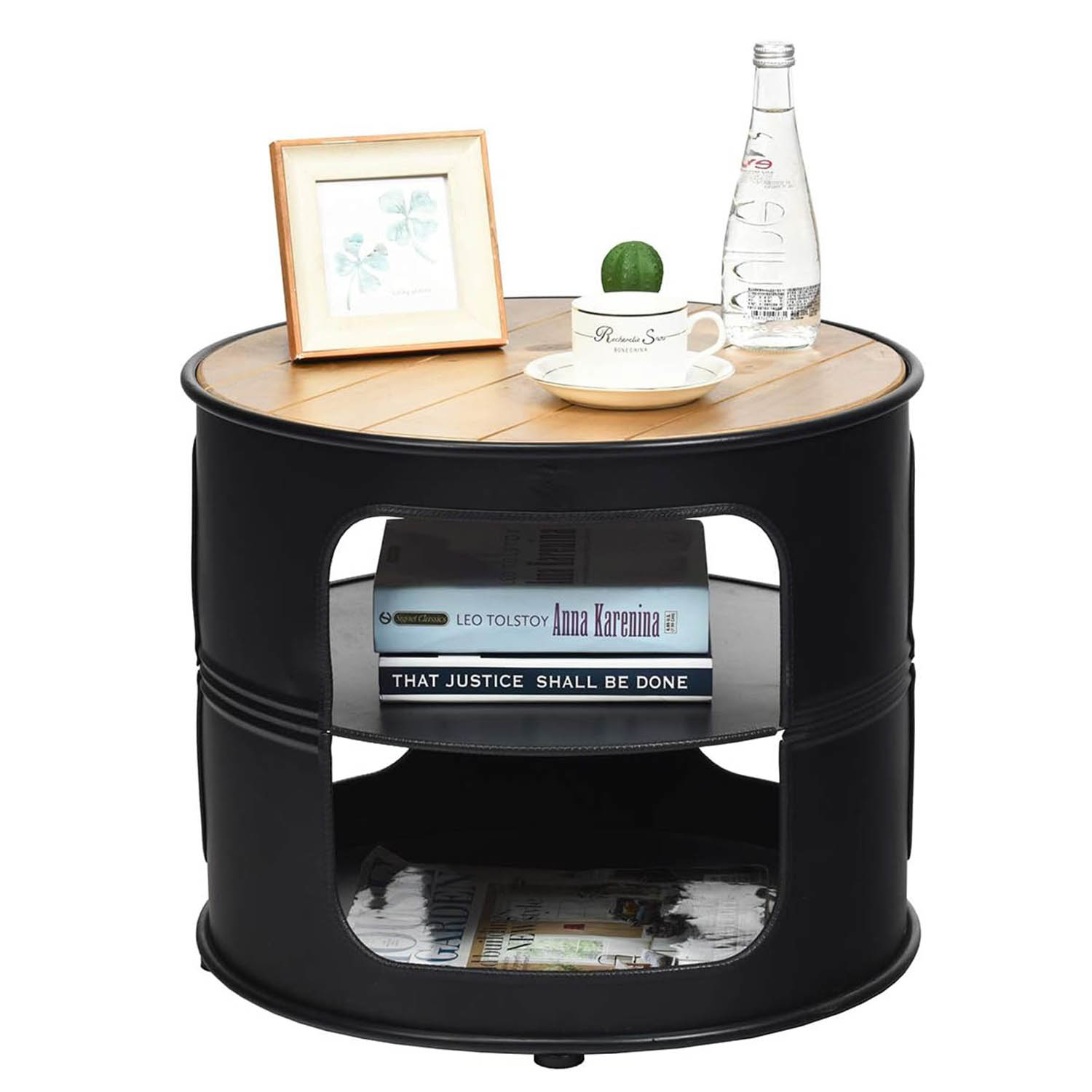 Image of Modern Round Coffee Table, 50cm Round End Table With Spacious Wood-like Tabletop, 2-tier Storage Shelf, Center Table For Small Spaces, Living Room, Bedroom, Black