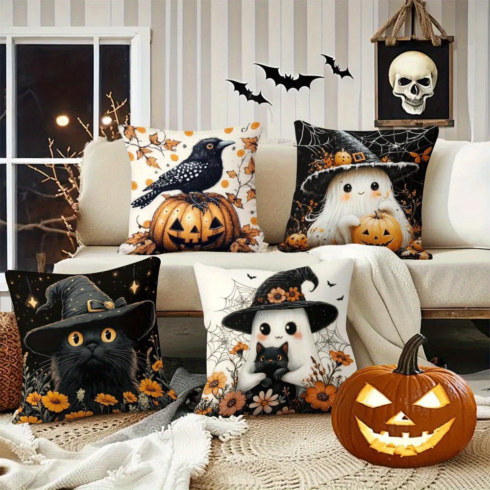 TEMU 4 pièces, Halloween, , chats noirs, corbeaux, citrouilles, housse de coussin décorative, chaude et confortable, belle et pratique, 17,72 * 17,72