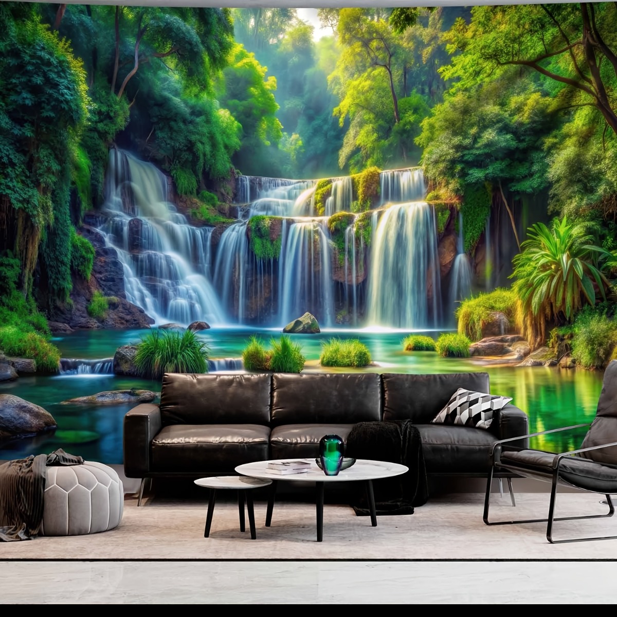 TEMU 1pc Extra Large Waterfall Landscape Photo Backdrop - Self-adhesive Wallpaper-like Decoration With Jungle Scene, No Electricity Needed, And Stick