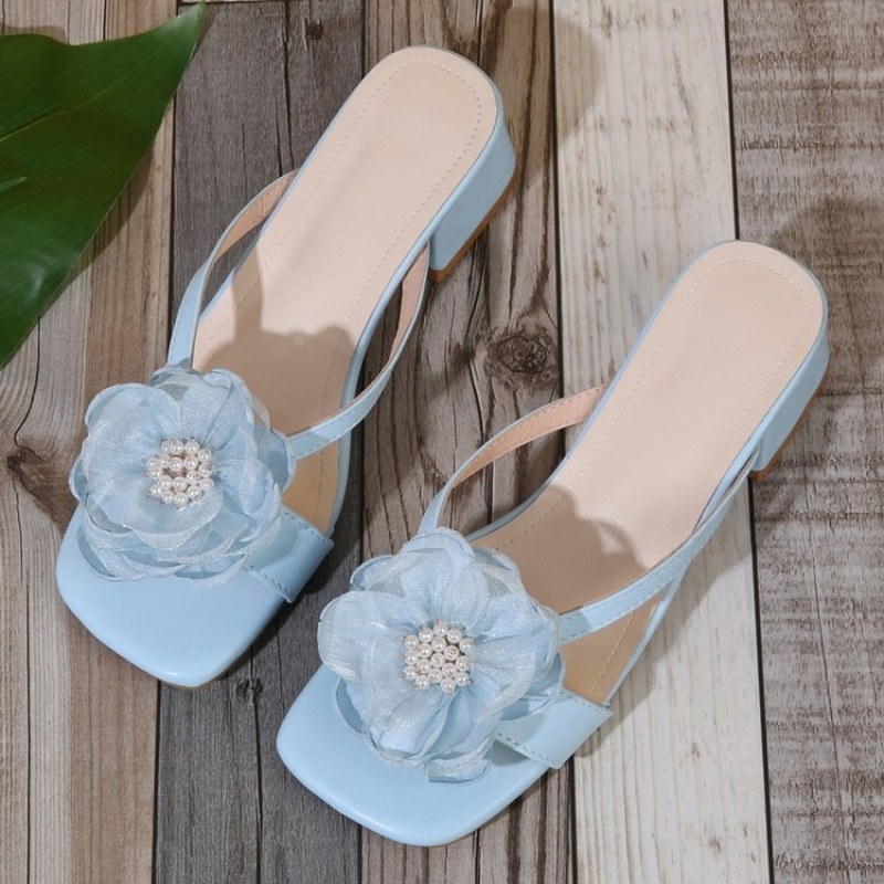 TEMU Women's Floral Embellished Platform Sandals - Square Toe Open-toe Chunky Heel Sandals - Summer Casual Fashion Outfit - Women's Low Heel Slipper