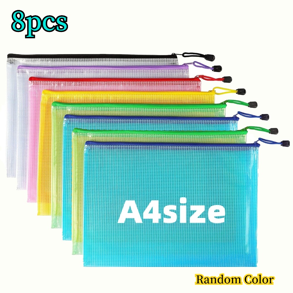 Image of Set Of 8 A4 Mesh Zippered Pouches - Assorted Color Letter-sized Bags For Organizing Educational Materials, Board Games, Puzzles, Beauty Products, And Office
