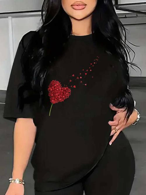item picture plus size womens t shirts summer t shirts casual wear heart flower pattern print