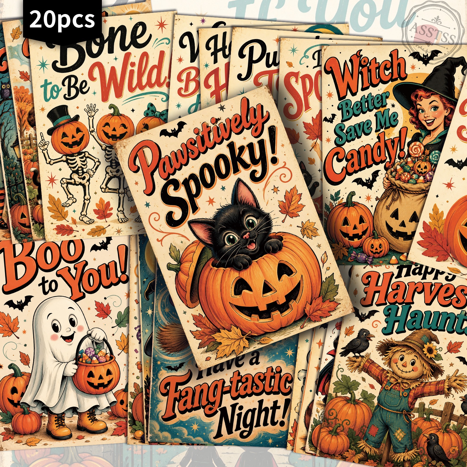 TEMU 20-pack Asstss Vintage Halloween Postcards - 4x6 Inches Retro Junk Journal Supplies, Classic Pinup Illustrations Collectible Decorative Painting