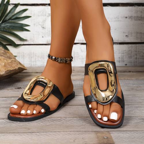 fashionable metal slippers for women summer flat casual slippers comfortable for home and outdoor wear women shoes