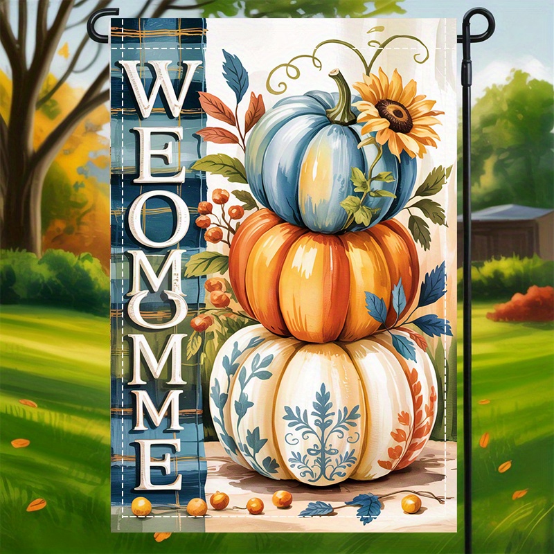 TEMU 2d Flat, 1pc, 2d Flat Autumn Stacked Pumpkin "welcome" Garden Flag, No Electricity Required, 12 Inches X 18 Inches, Perfect For Gardens, Patios,
