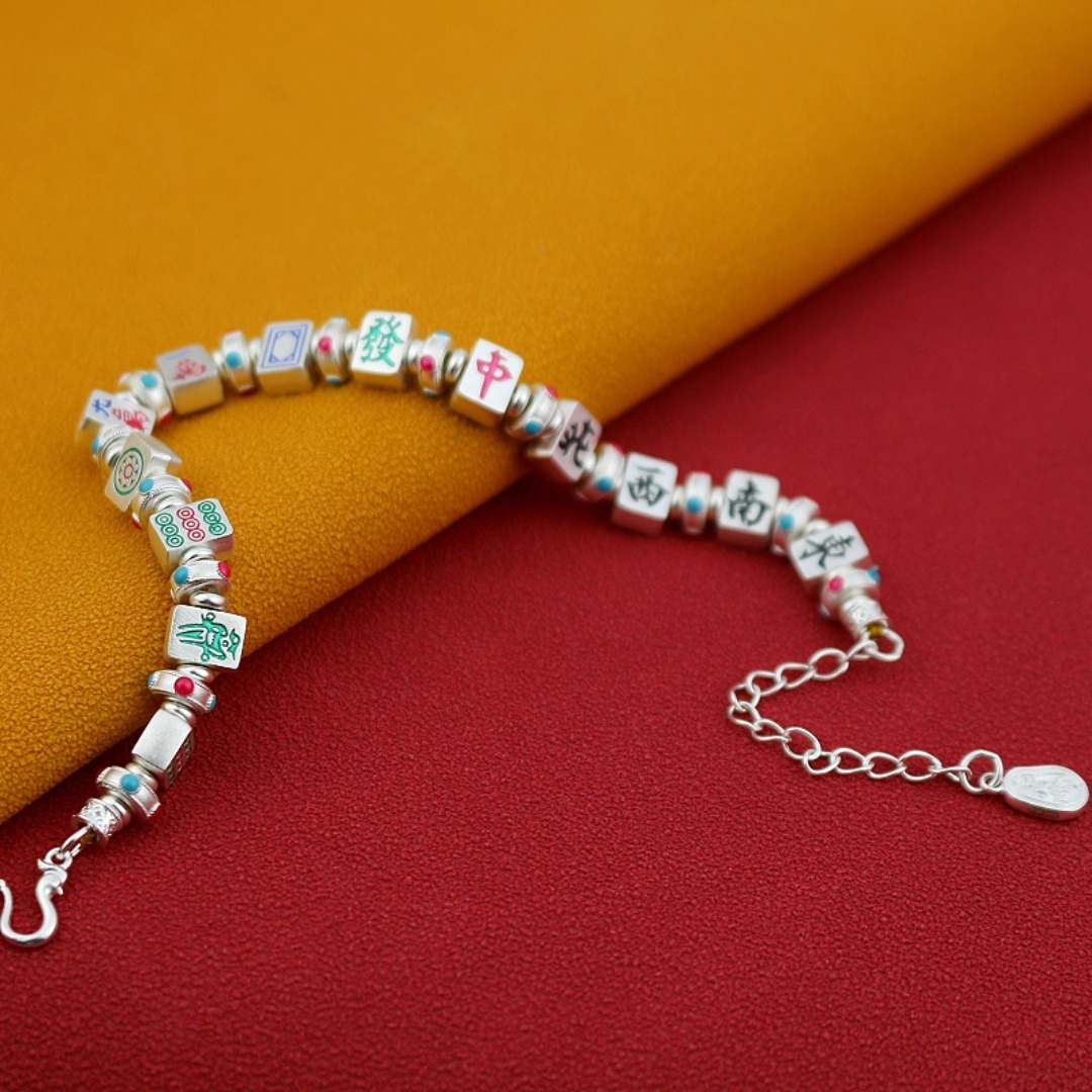 Mahjong Bead Bracelet For - Adjustable Retro Bohemian Cultural Charm Jewelry With Tongji Fa Beads, Authentic Mahjong Patterns Suitable For Mahjong Players Gift, Daily Wear Accessories