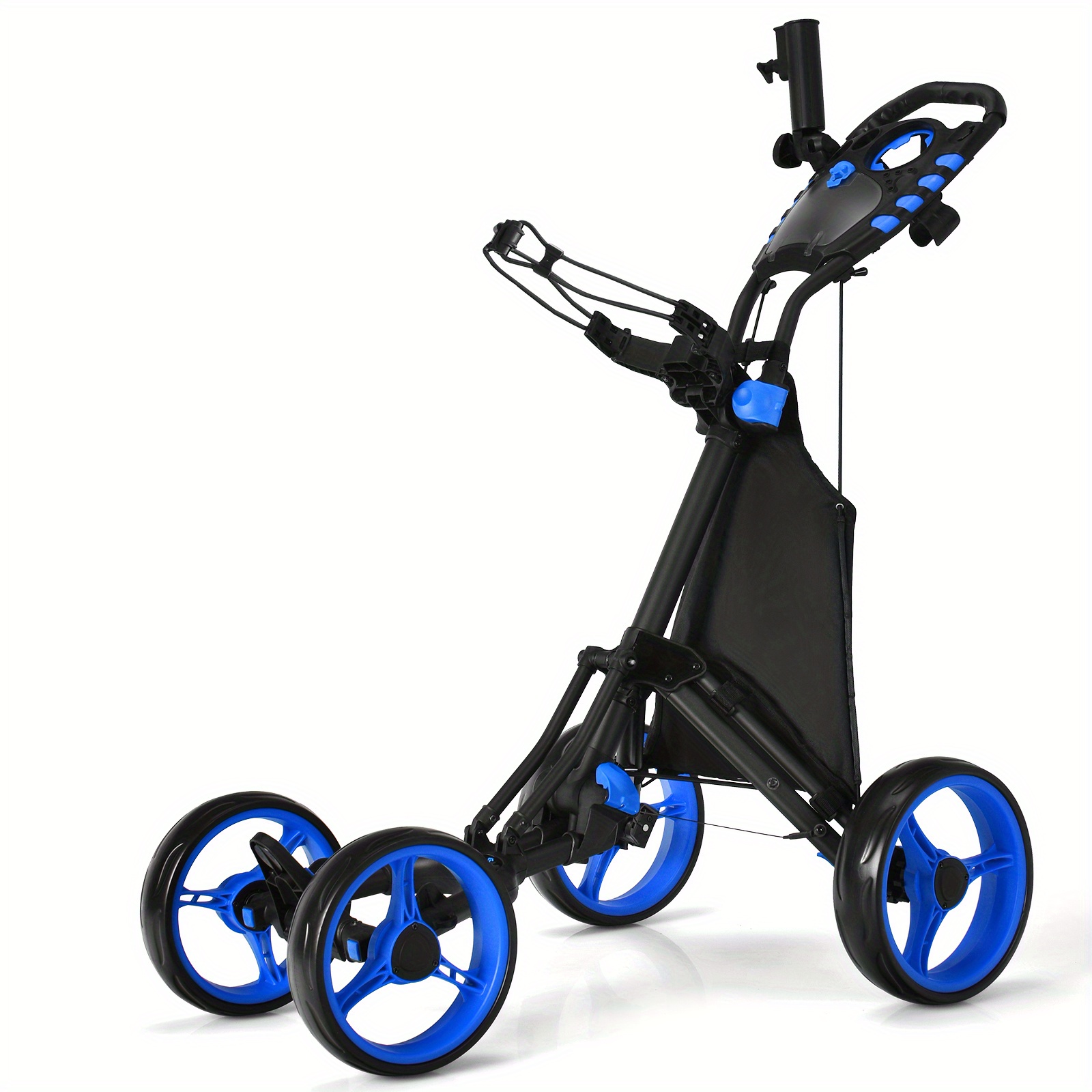 Image of Lightweight Folding Golf Trolley With , Featuring An Upper Bracket With An Elastic Strap, A Foot Brake, And An Adjustable Handle
