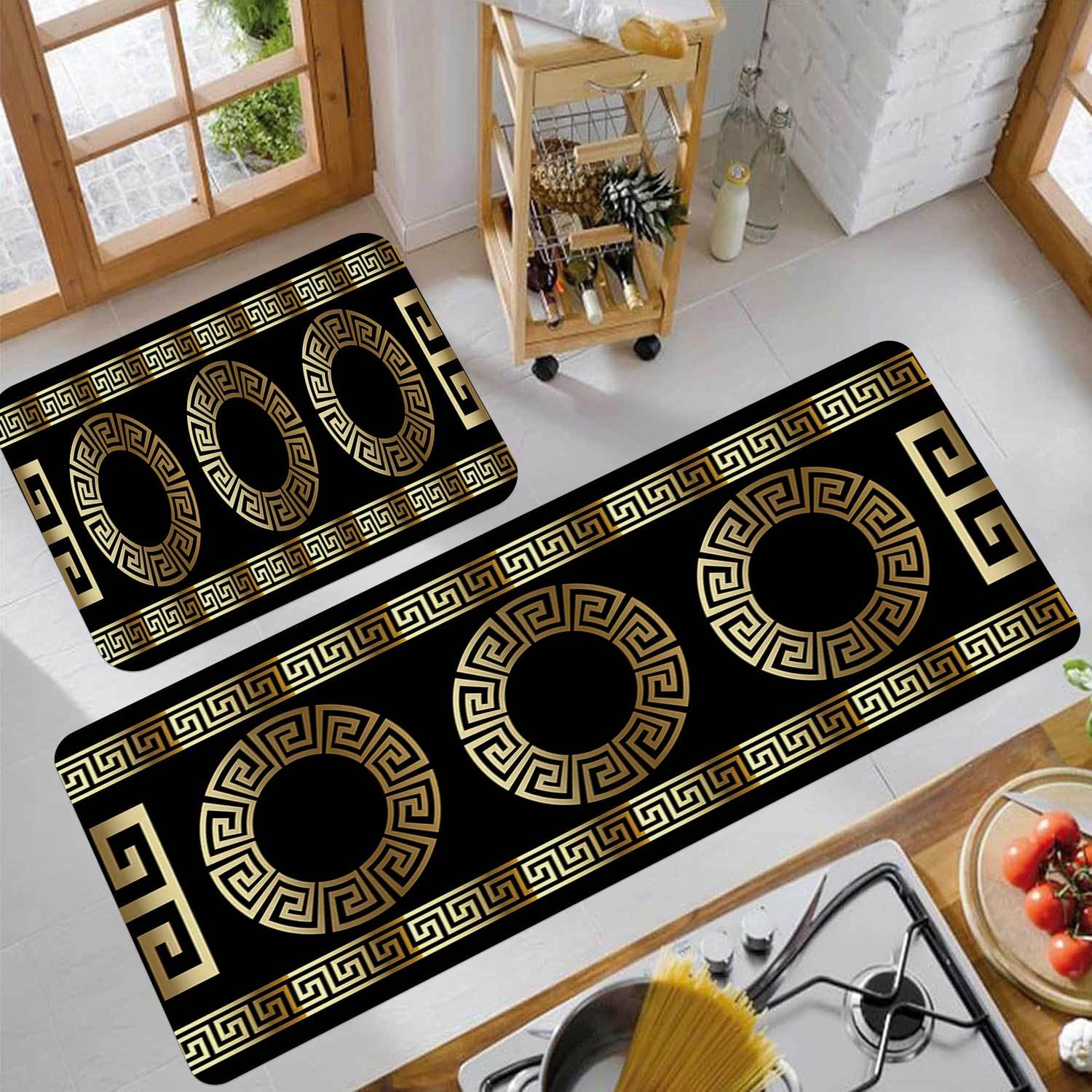 Image of Set Of 2 Modern Minimalist Mats, Featuring Vintage Golden Geometric Patterns For Home Dining Area Decoration, Long Runner Mats For Bar Counters, Non-slip Mats For Kitchen Entrances, Soft Carpets