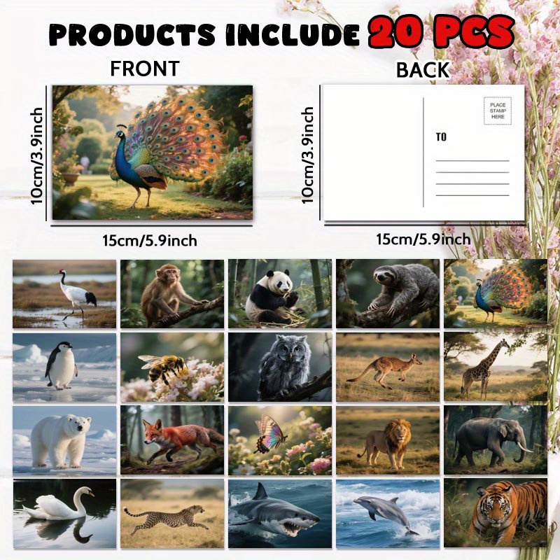 TEMU Set mit 20 Postkarten mit Wildtieren, für jeden Anlass. Ein einzigartiges Geschenk für Ihre Liebsten, geeignet für , Geburtstagsgratulationen,
