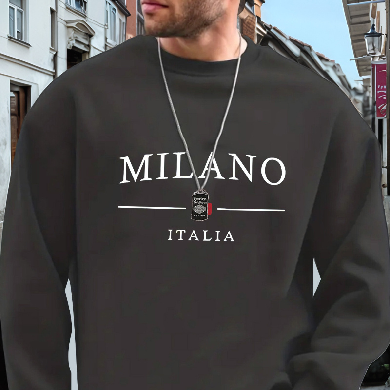 

Sweatshirt Homme " Italy" Imprimé Lettres - Pull Décontracté Noir à Col Rond avec Accent Rayé Vert & Blanc, Manches Longues, 100% Polyester, Lavable en Machine pour Automne & Hiver