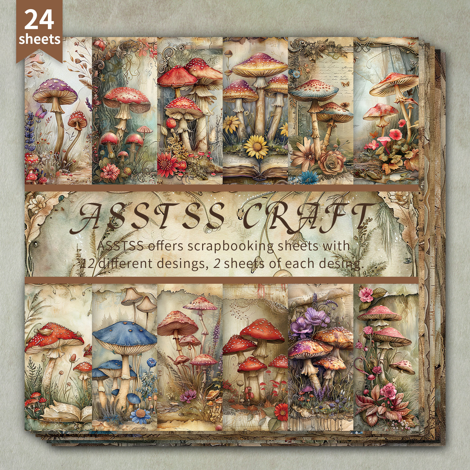 TEMU 24-sheet Asstss 6*6-inch Scrapbooking Paper Pad, Fantasy Mushroom Fairy Tale Style Backing Paper Supplies, Heavyweight Cardstock For Journaling,
