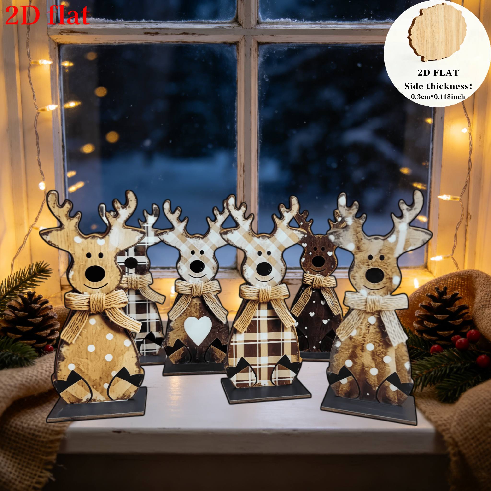 TEMU 2D-flach, 6-teiliges Weihnachts-Rentier-Holz-Tischdekor-Set im Vintage-Stil. Enthält 6 Rentiere mit unterschiedlichen Mustern, die eine Vielzahl