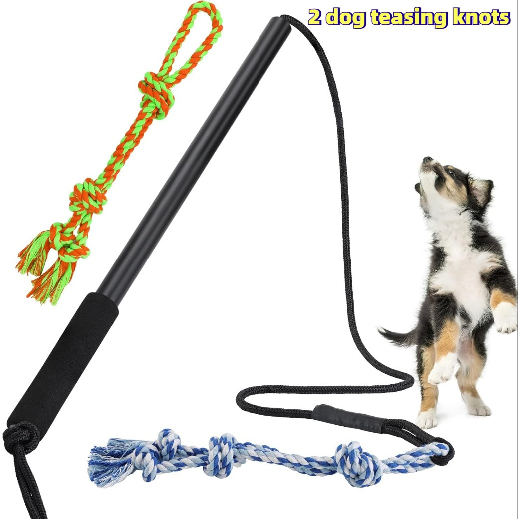 

Interactive Dog Teaser Wand With Adjustable Rope & 2 Chew Toys - Pole For Small To Medium Breeds, Black Handle & Green/blue Rope For Outdoor Play And Training, Dog Toys