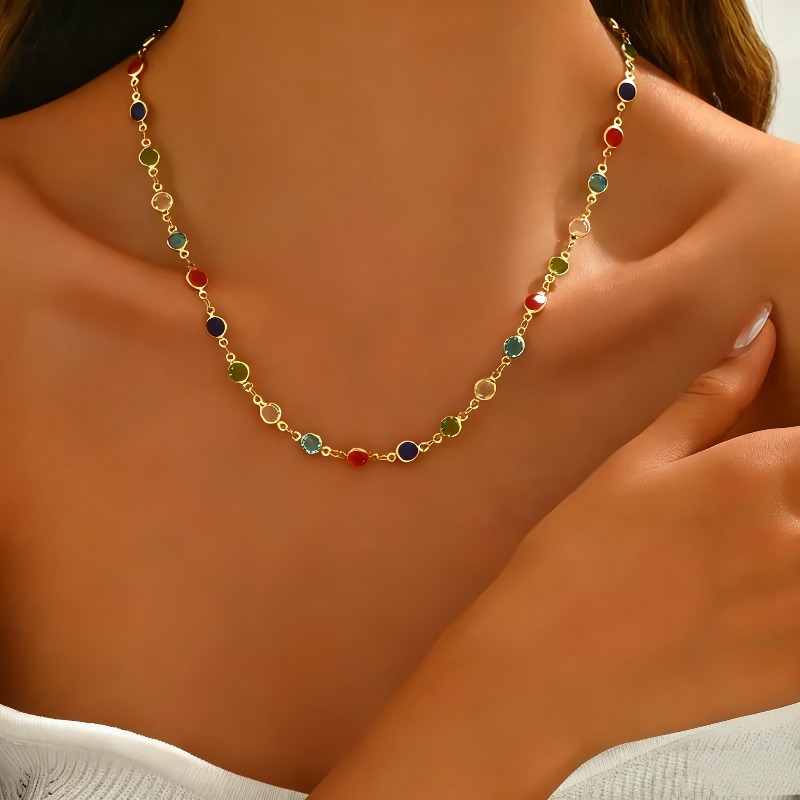 TEMU 1pc Women's Bohemian Candy-colored Stained Glass Round Beaded Chain Adjustable Necklace For Daily Wear, Gatherings, Banquets, And Parties, New