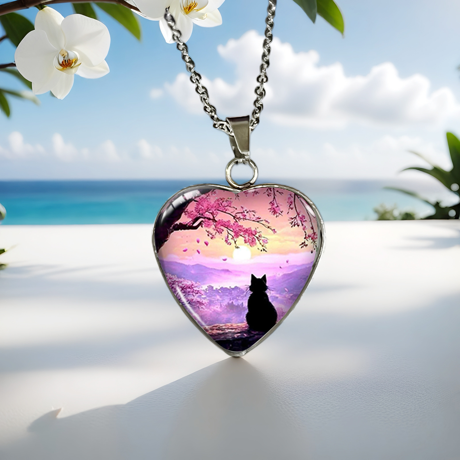 TEMU Collana con illustrazione sotto di ciliegi e cuore, accessorio in vetro