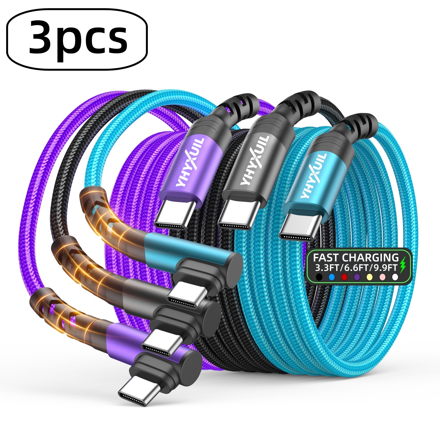 Kit 3 Cabos Carregador Tipo C | Carregamento Rápido, USB C para USB C em Ângulo Reto, Trançado, para iPhone Série 17/16/15, para for Samsung, para Huawei, para Xiaomi, RedMi, Oppo, Oneplus, 100,58cm/201,17cm/3,02 metros