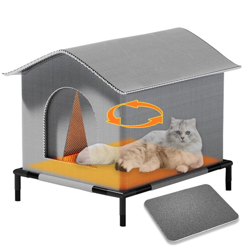 

1pc Classic Oxford Cloth Outdoor Cat House With Raised Stand, Double-sided Mat, Aluminum Foil Insulation, Weatherproof & Insulated Shelter, Pre-assembled For Multiple Kittens & Cats