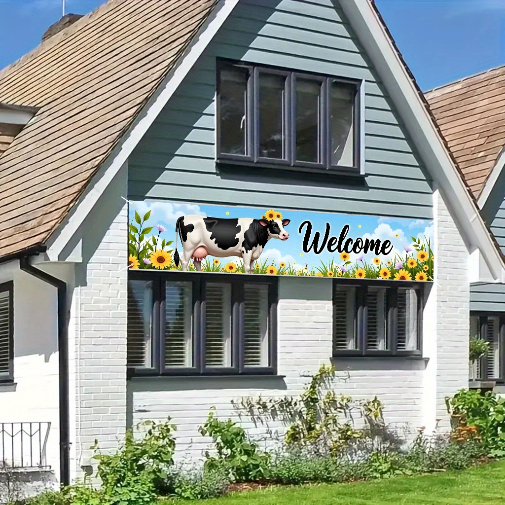 TEMU 1pc Groot "Welcome" Cow Mural Banner - Zwart-wit Melkvee met Zonnebloemen, Duurzaam Polyester, 17.7x78.7 Inch - Ideaal voor Verjaardagsfeesten,