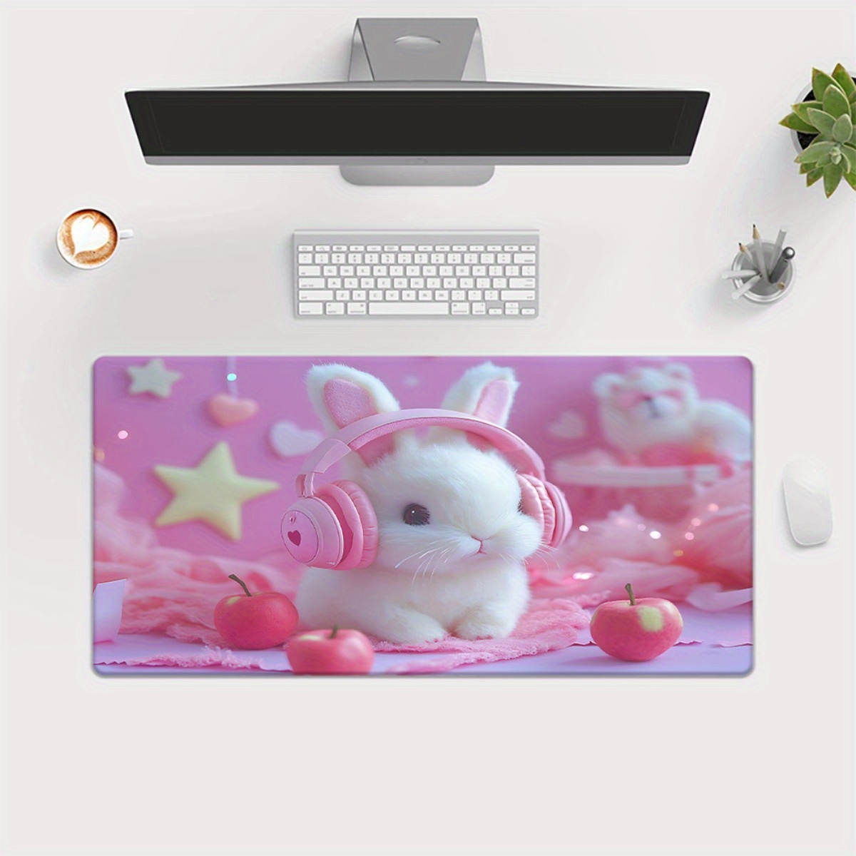 TEMU 1pc Tapis de Souris XXL Lapin avec Casque - Base en Caoutchouc Antidérapante, Grand Tapis de Bureau pour PC, Ordinateur Portable, -Poignet -