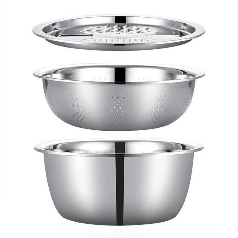 Image of 3-in-1 Stainless Steel Mixing Bowl Set With Grater Strainer Lid, Multi-functional Vegetable Fruit Washing Colander Bowl, Kitchen Drainage Basin For Slicing Shredding Washing Food Prep