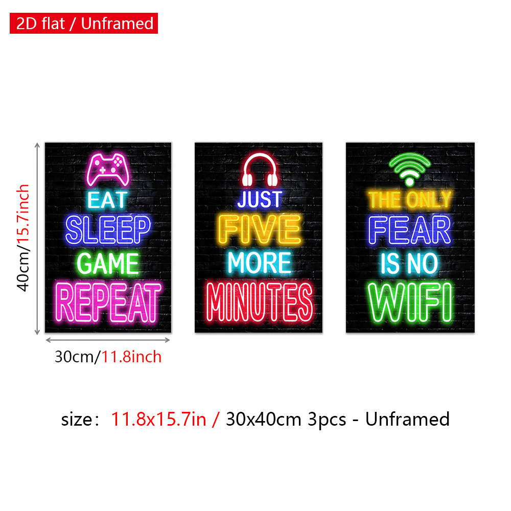 TEMU 2d Flat, 2d Flat, 3pcs Unframed Gamer Life Wall Art Poster, Wi-fi Humor Canvas Paintings, Wall Decor, Vintage Art Prints, Fashion Summer Wall