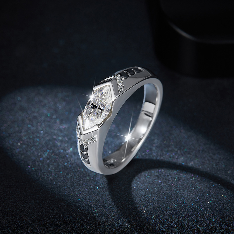 Elegant 5x10mm Black and White Moissanite Ring, 18k Golden Plated