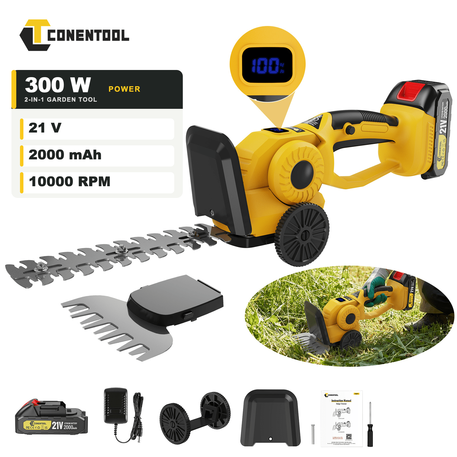 Conentool Pivoting Mini Hedge Trimmer, 2000mah Cordless Compact Grass And Shrub Cutter With Power Display, Lightweight Garden Shear For Multi- Topiary And