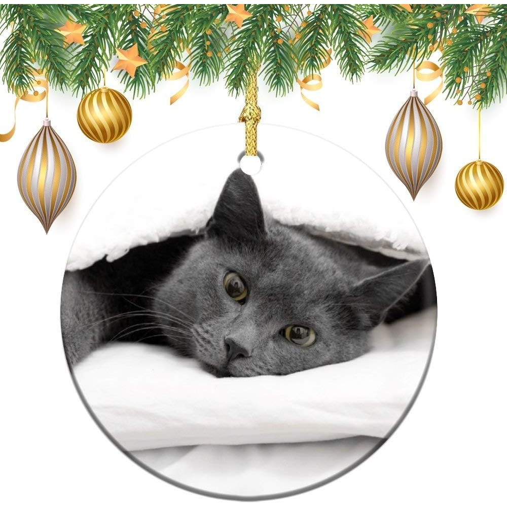 

1 Christmas Ornament, A Gray Cat Decoration Under A White Blanket, Suitable For , 3-inch Single-sided Printing