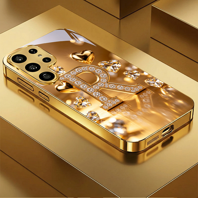 TEMU Phone Case - High-end Fashion Heart And Letter R New Pattern Electroplated Golden Tempered Glass Phone Case For Galaxy S26/s26 +/s26
