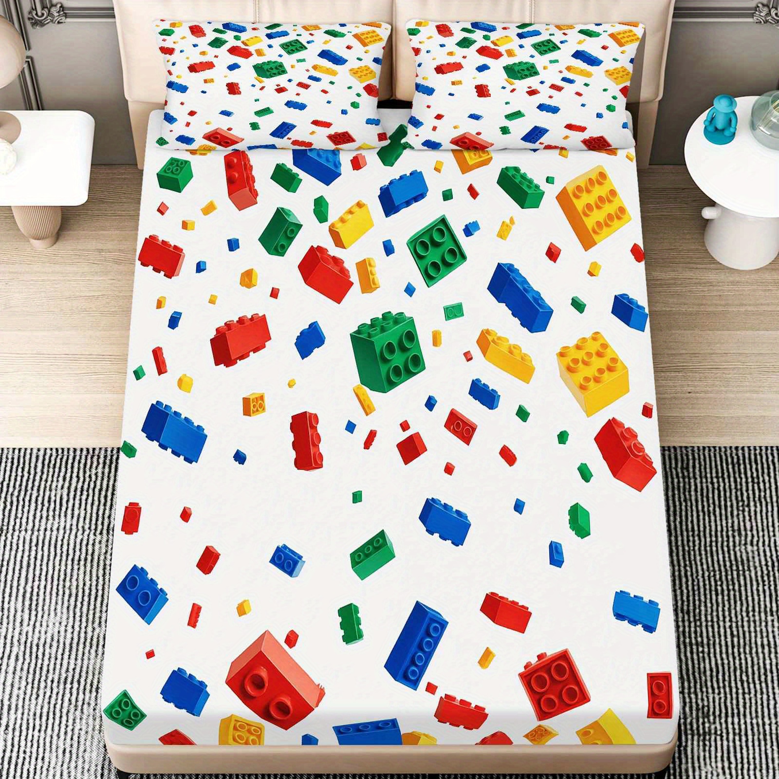 TEMU 3- Sett med Fargerike Lego Kreativt Sengetøy (1*Fitte Laken + 2*Putetrekk, Uten Kjerne), , Morsomt Dekor Sengesett, Madrassbeskytter Myk,