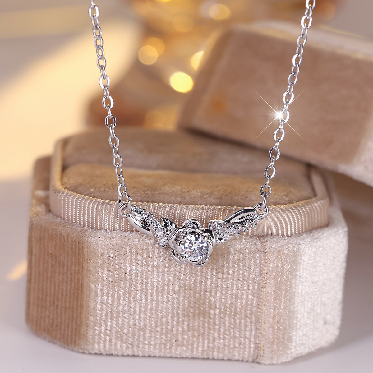 Curved Floral Statement Necklace with Synthetic Zirconia