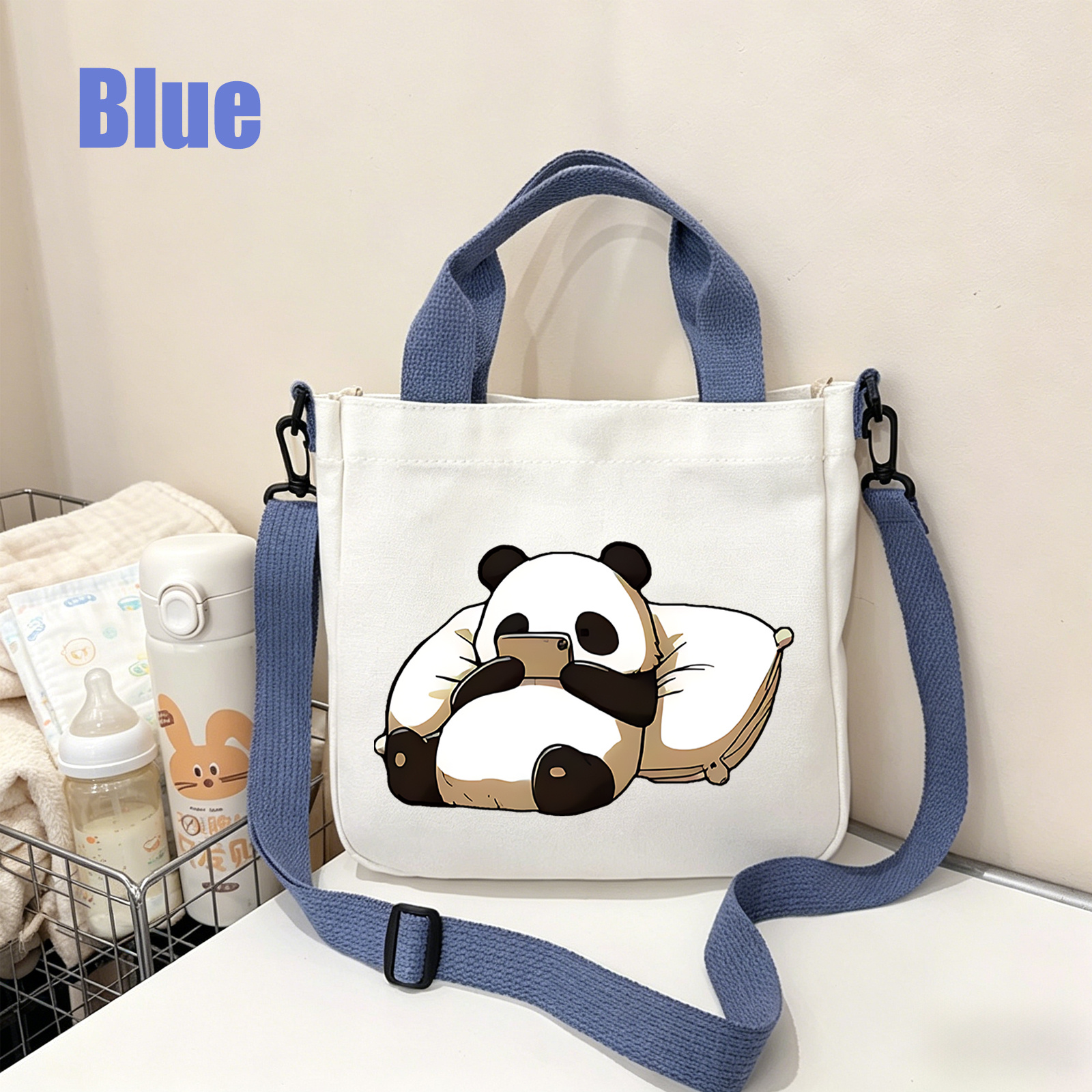 TEMU Borsa tote con stampa di panda cartone animato con panda sdraiato che usa il telefono, borsa e portatile a capacit� per maternit� e tote, borsa