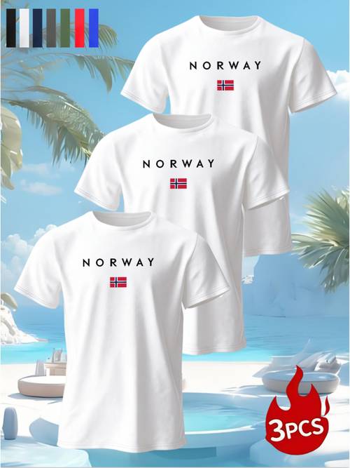 set of three summer comfortable and breathable short sleeve t shirts for men mens round neck short sleeves in multiple colors featuring a norway print on with a modern and clean overall style