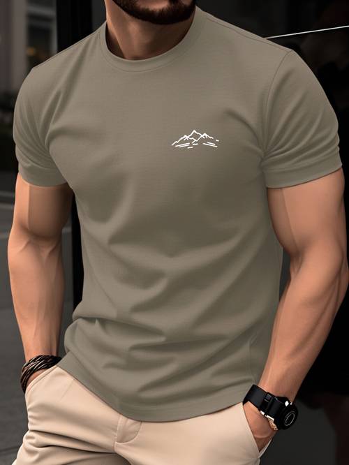 100% katoenen heren t-shirt, zomer korte mouw fit ronde hals top, trendy veelzijdige casual basislaag met minimalistisch berglijn voor een unieke en leuke look