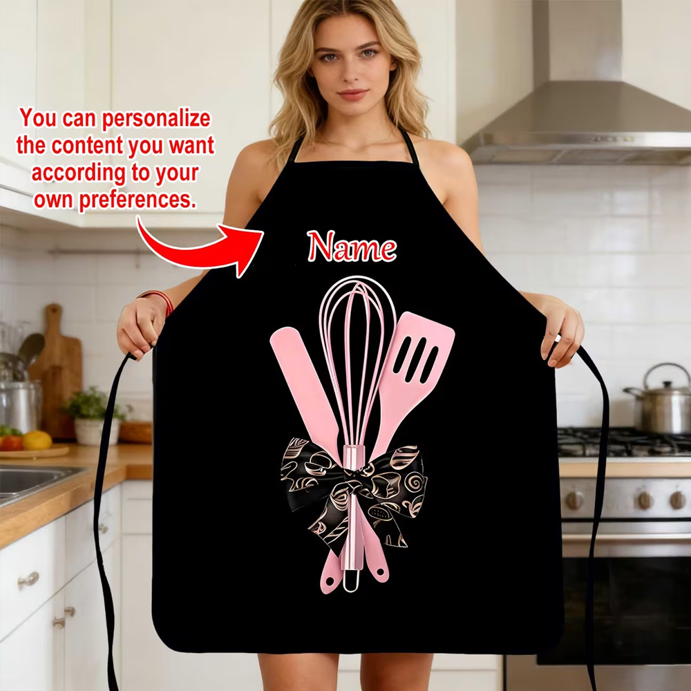 TEMU 1pc Customizable Name Pink Baking Tools Bow 2d Flat Printing | Kitchen Work Baking Wear | Polyester Material | Custom Apron | Universal Size |