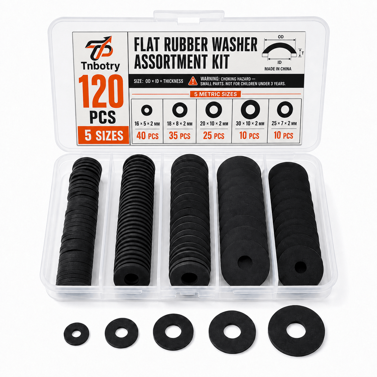 TEMU 120pcs Flat Washer Assortment Kit, 16/18/20/25/30mm Black Sealing Gaskets, Shock-absorbing Washers, Suitable For Garden Faucets, Garden Bolts,