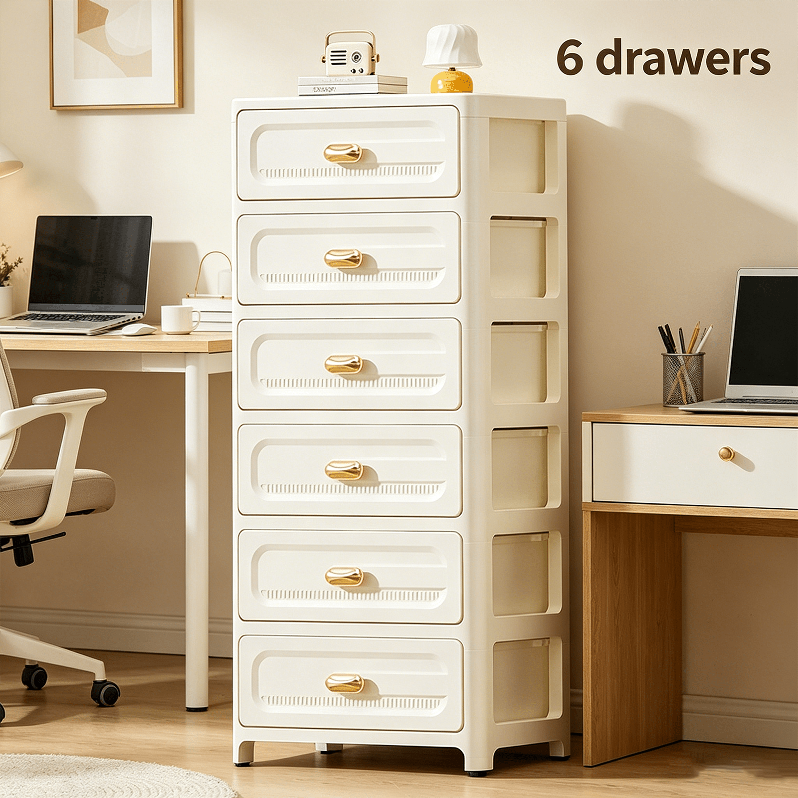 Image of Cream White Rolling Storage Cabinet With 6 Drawers, Mobile Plastic Storage Cart With 4 Wheels, Versatile Organizer Unit For Cosmetics And Snacks, Suitable For Bedroom, Kitchen, Living Room, Office