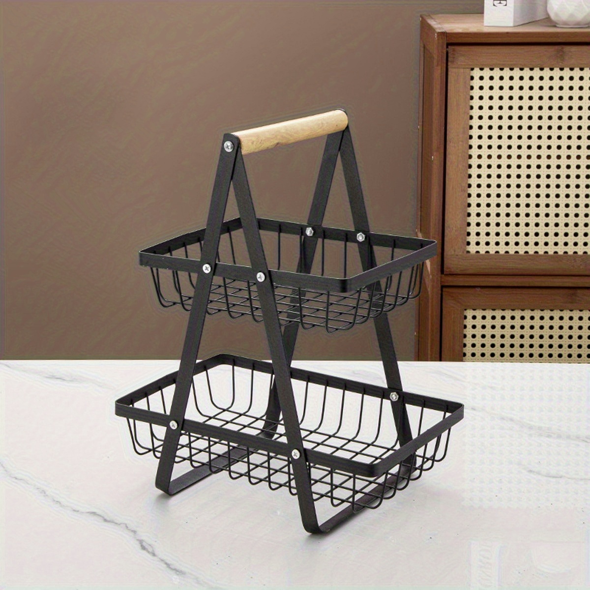 TEMU 1pc Storage Rack With Handles | Detachable Baskets For Office, Countertop, Home, Kitchen, Pantry, Bathroom, Living Room - Country Style, Iron
