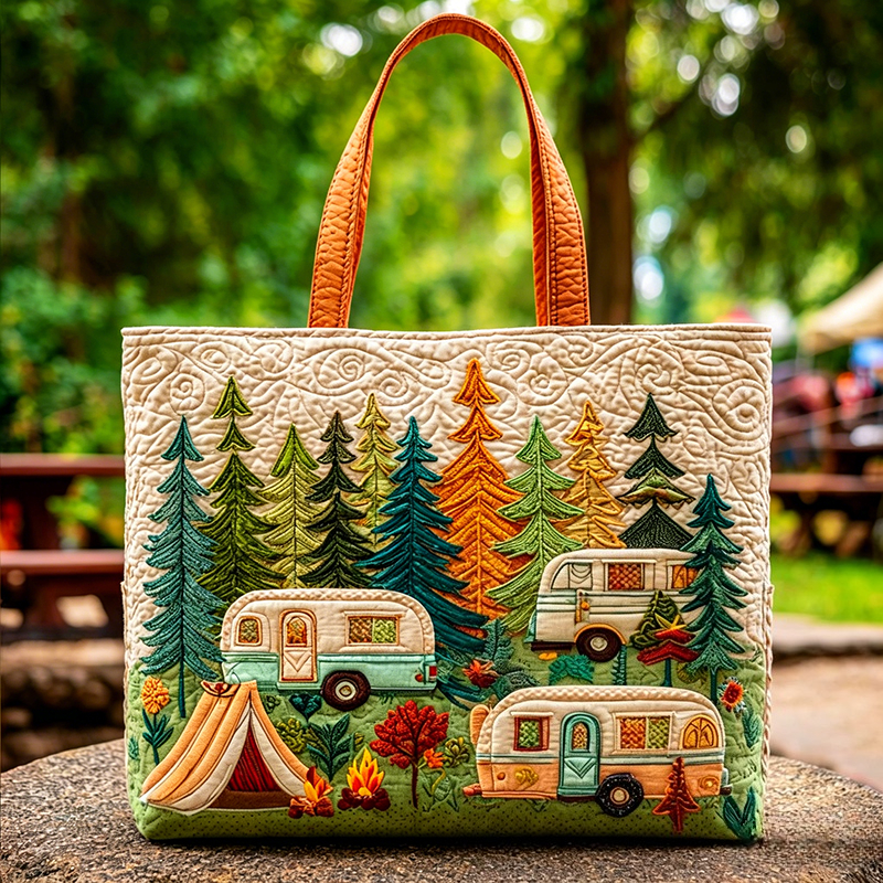 TEMU Large Capacity Tote Bag Bus Tent Print And Zipper Closure - Ethnic Style/fabric Suitable For Outdoor Travel, Vacations, Camping, Picnic, Machine